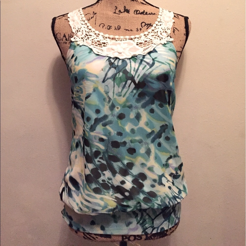 BCX Sheer Sleeveless Blue Multicolor Blouse-S